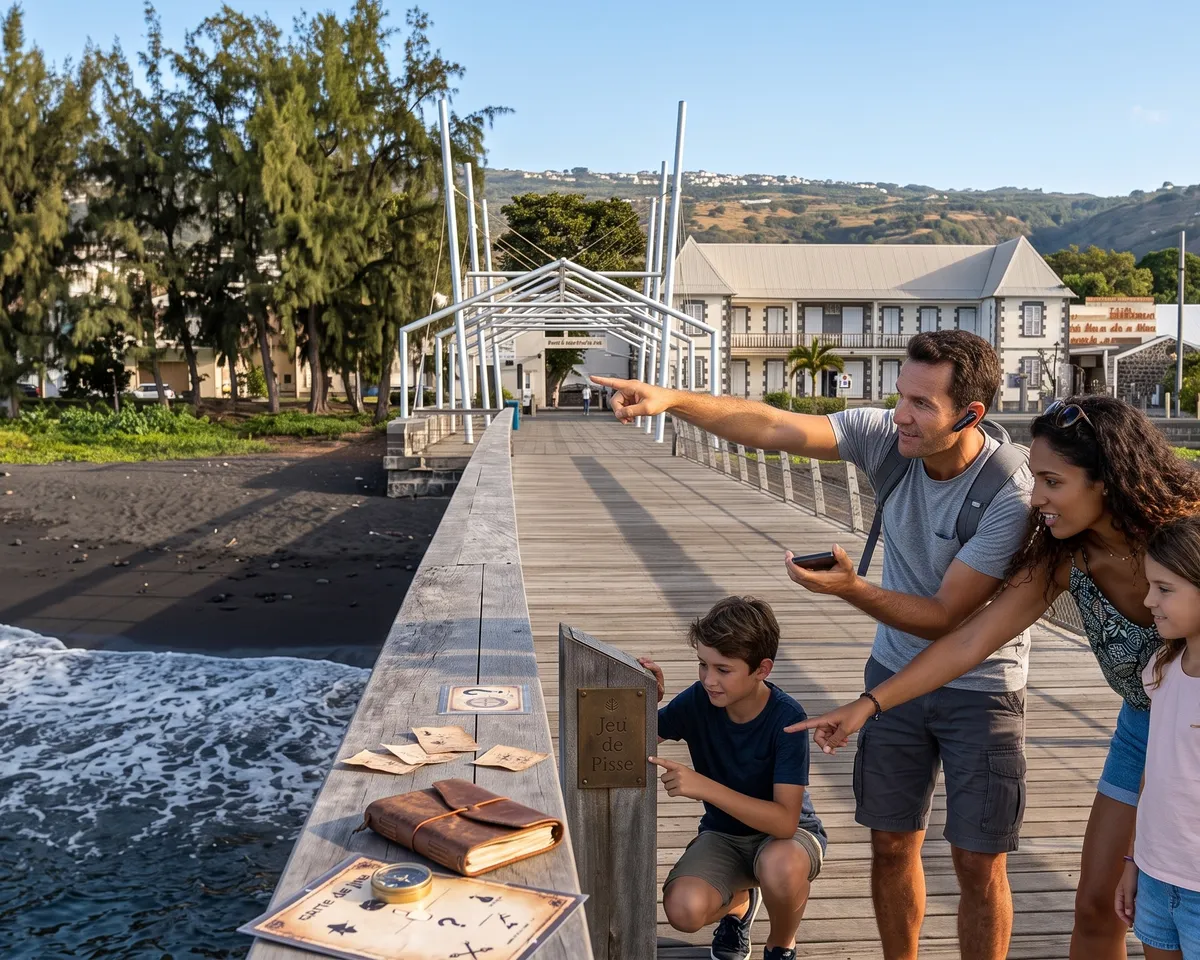 Famille explorant le patrimoine de La Réunion lors d'un jeu de piste en plein air